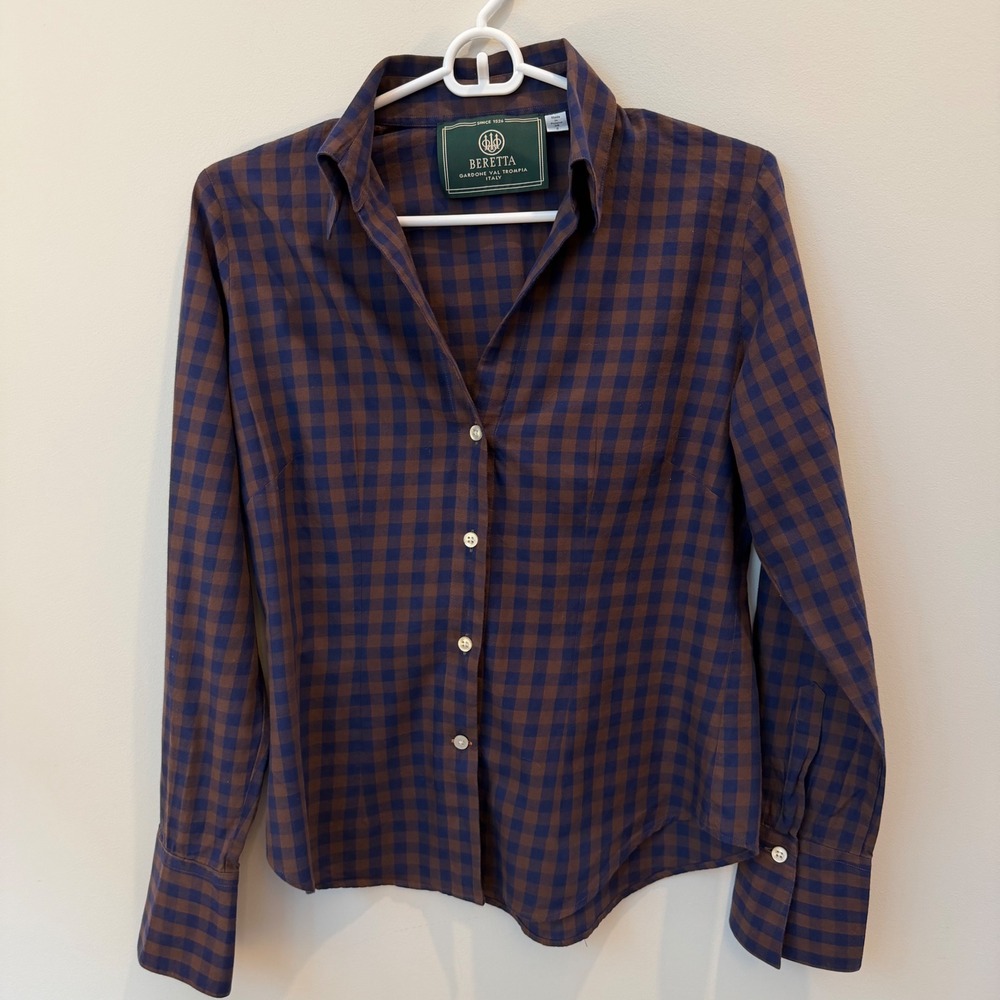 Beretta Womens Blue Brown Gingham Check Button Down Shirt Size 8